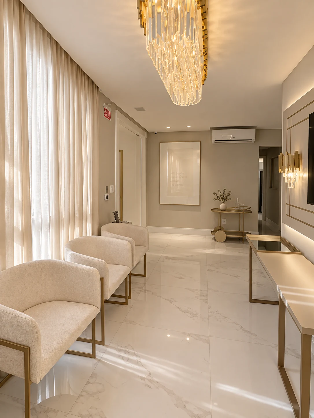 Recepção da Satine com poltronas claras, cortinas e lustre de cristal