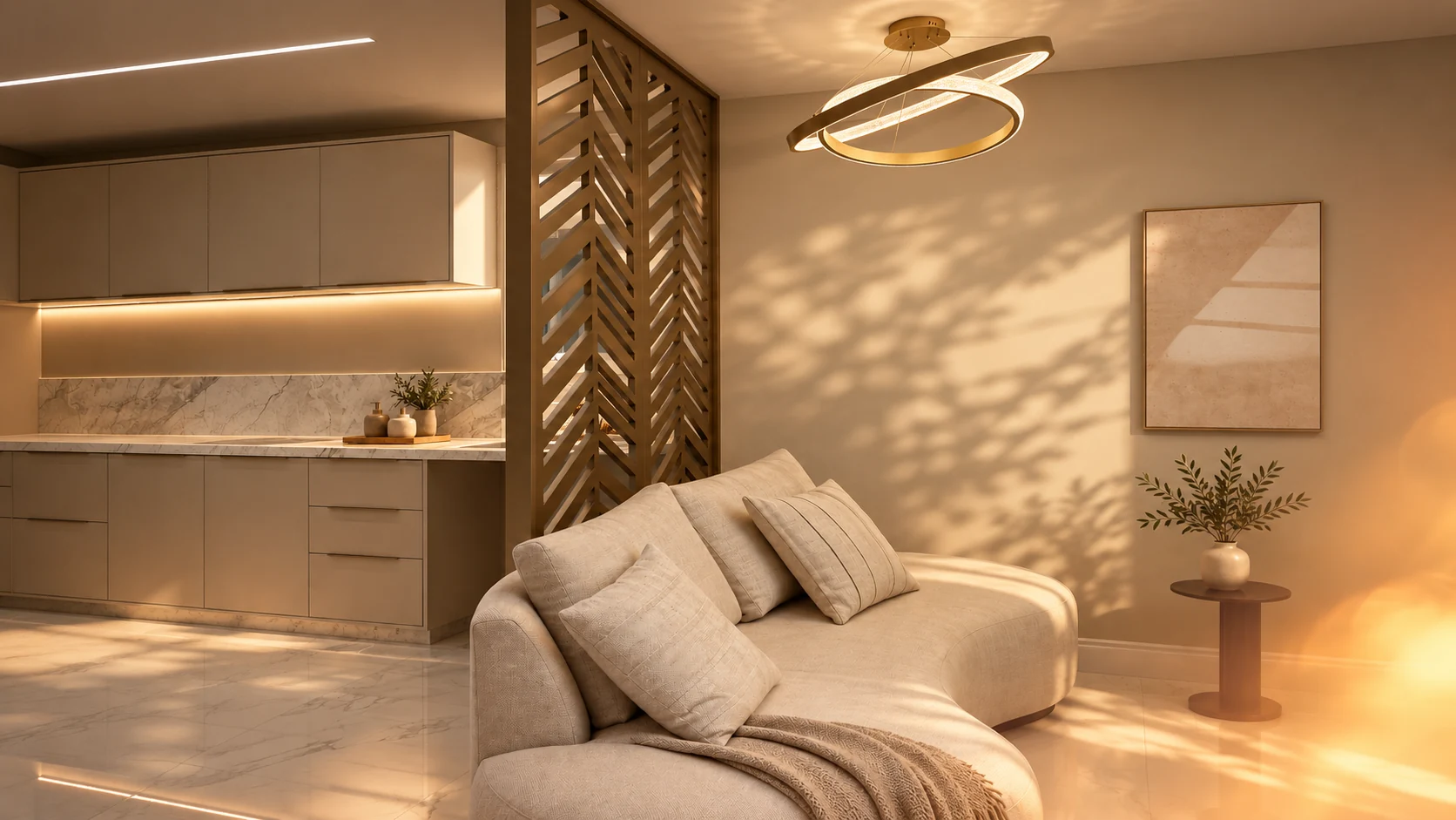Interior da Satine com sofá curvo, divisória em madeira e lustre dourado sob luz natural